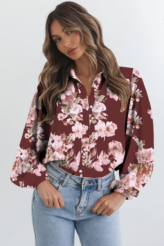 Brown Floral Puff Sleeve Lightweight Shirt f6314a0b95eb17b9