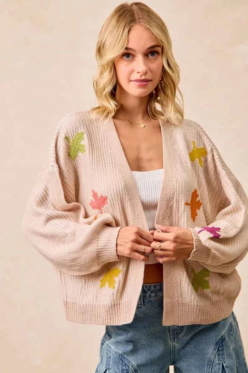 BiBi Two Tone Knit Cardigan with Leaf Patches OATMEAL f63492c38c9246f4abe60930fe28601f-Max-Origin