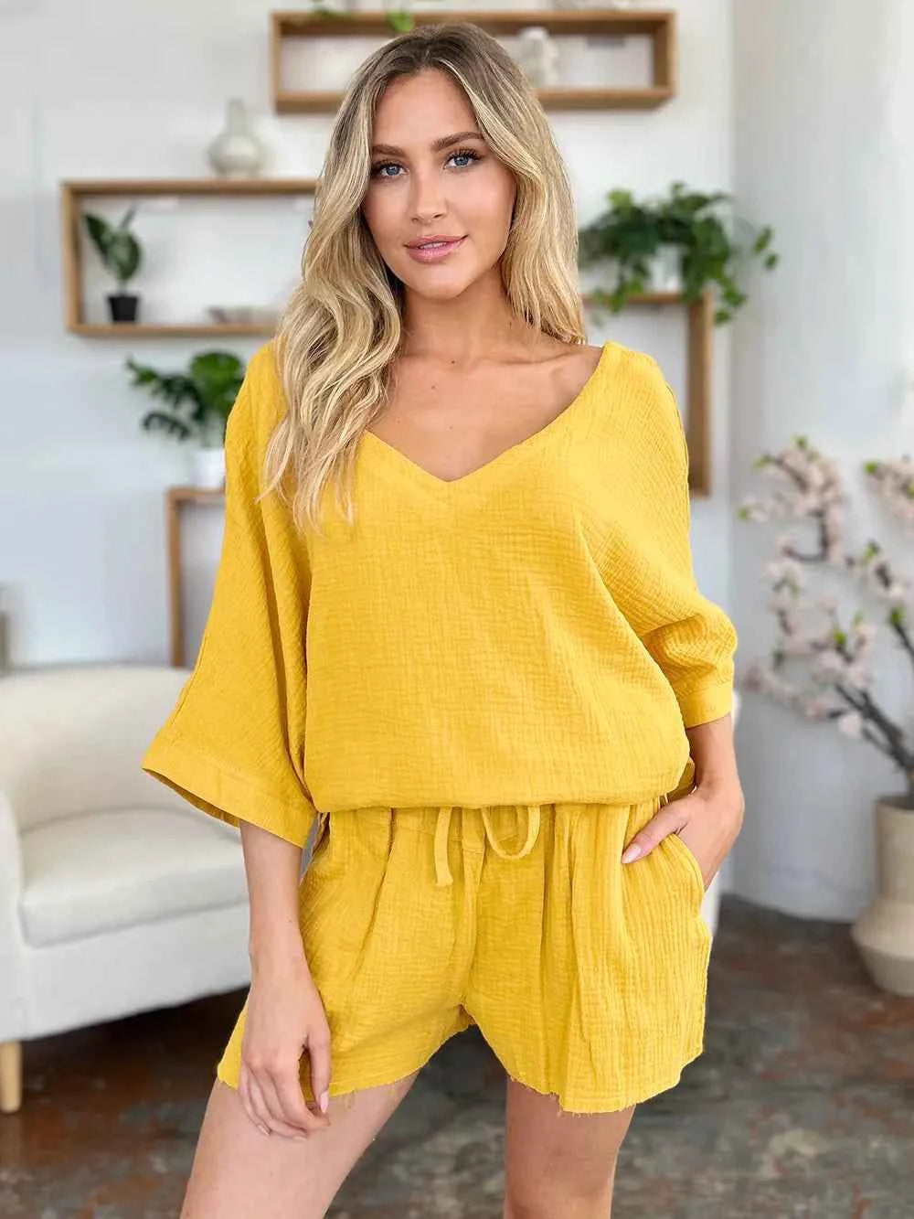 Double Take Texture Half Sleeve T-Shirt and Drawstring Shorts Set f63d84f6-54e7-4c4f-b1c2-0e805aa3116b-Max