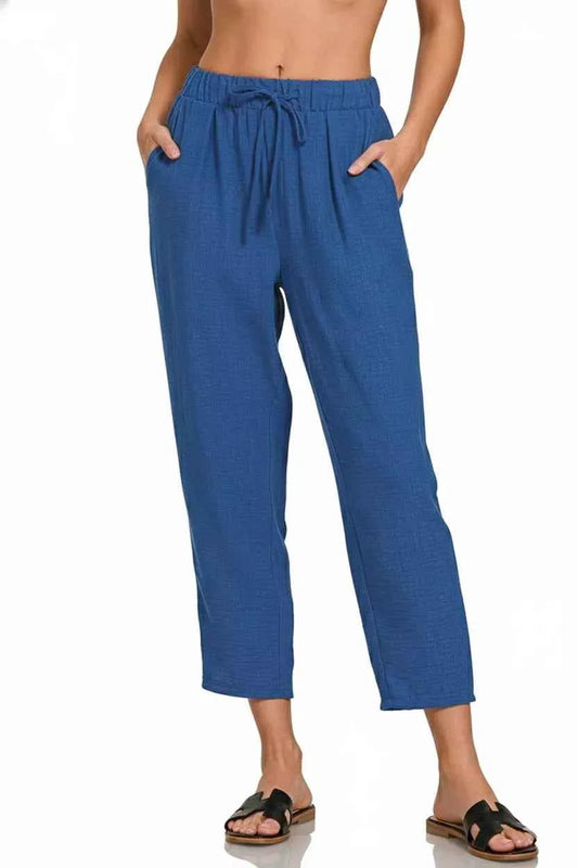 Zenana Woven Crepe Elastic Band Waist Pants f641d9ce-8e4a-466f-81d8-73169c8ae85d-Max-Origin