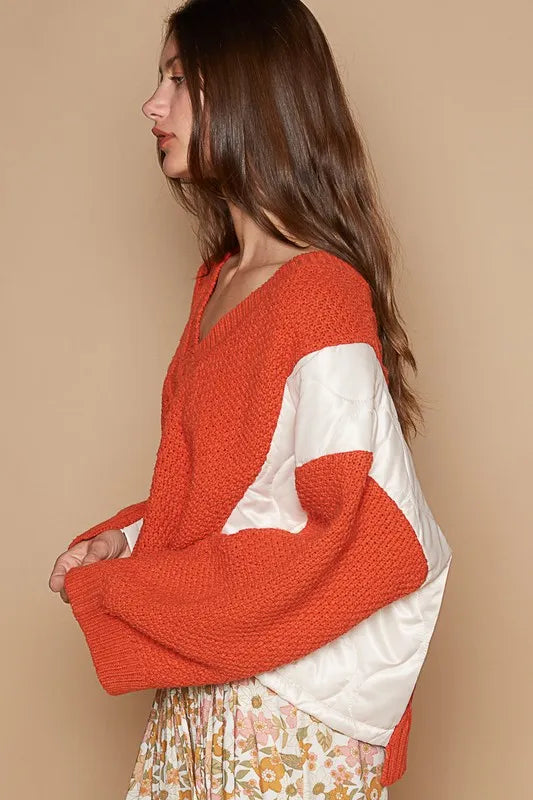 POL Cable Knit Quilting Patch V-Neck Contrast Sweater f643847b-df1e-4a74-860b-0916cc51043e-Max