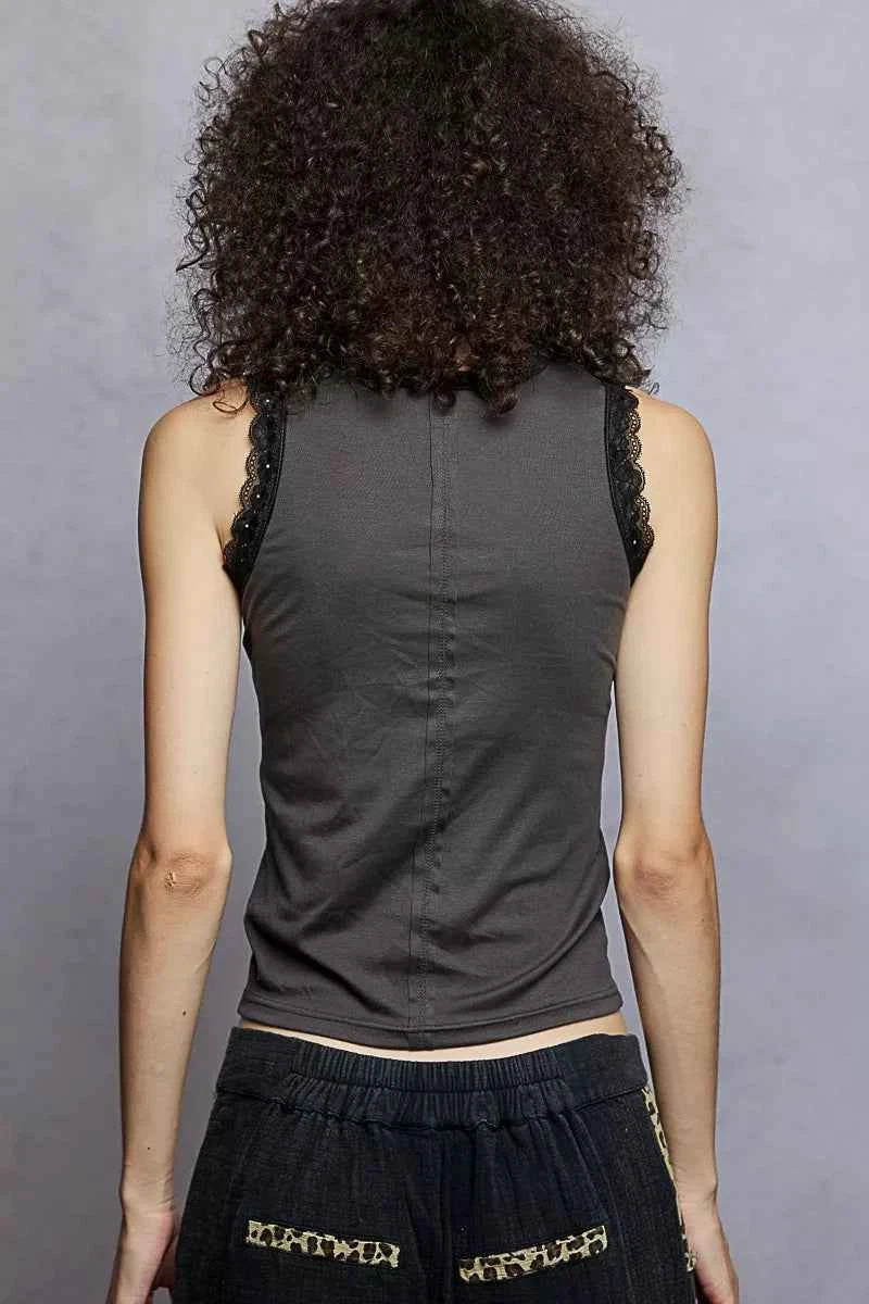 POL Round Neck Cropped Tank with Lace Trim