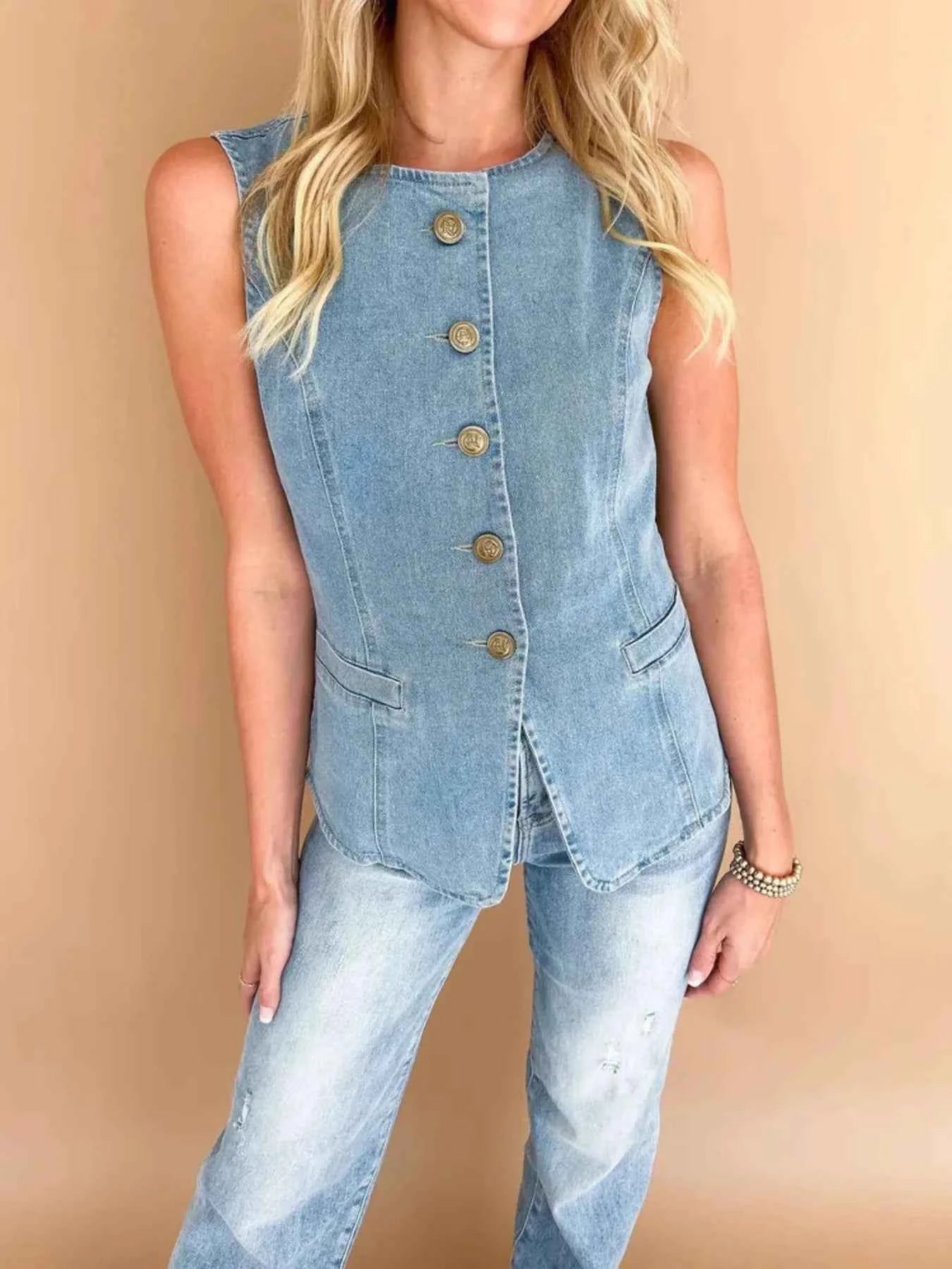 Sleeveless Button-Front Denim Vest f64b22c7e76f48d097122b5bc36f3baf-Max-Origin