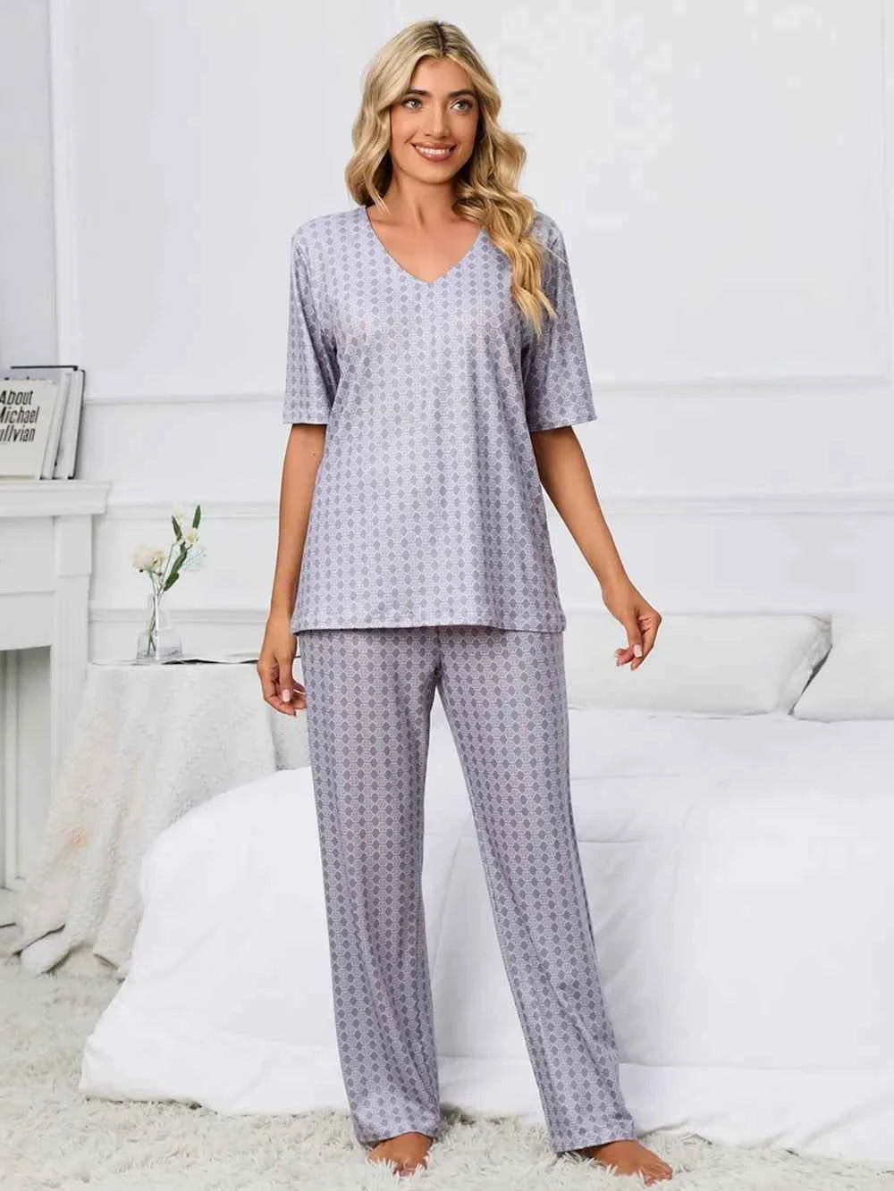 Printed V-Neck Top and Pants Lounge Set f64b7771-2ed4-442b-b264-29c367693065-Max