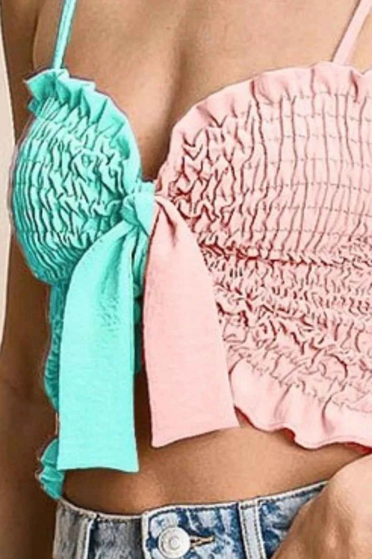 BiBi Woven Color Block Smocked with Ribbon Bra Top f6525fdb-7338-4857-8fe6-e3bc2306c4f8-Max-Origin