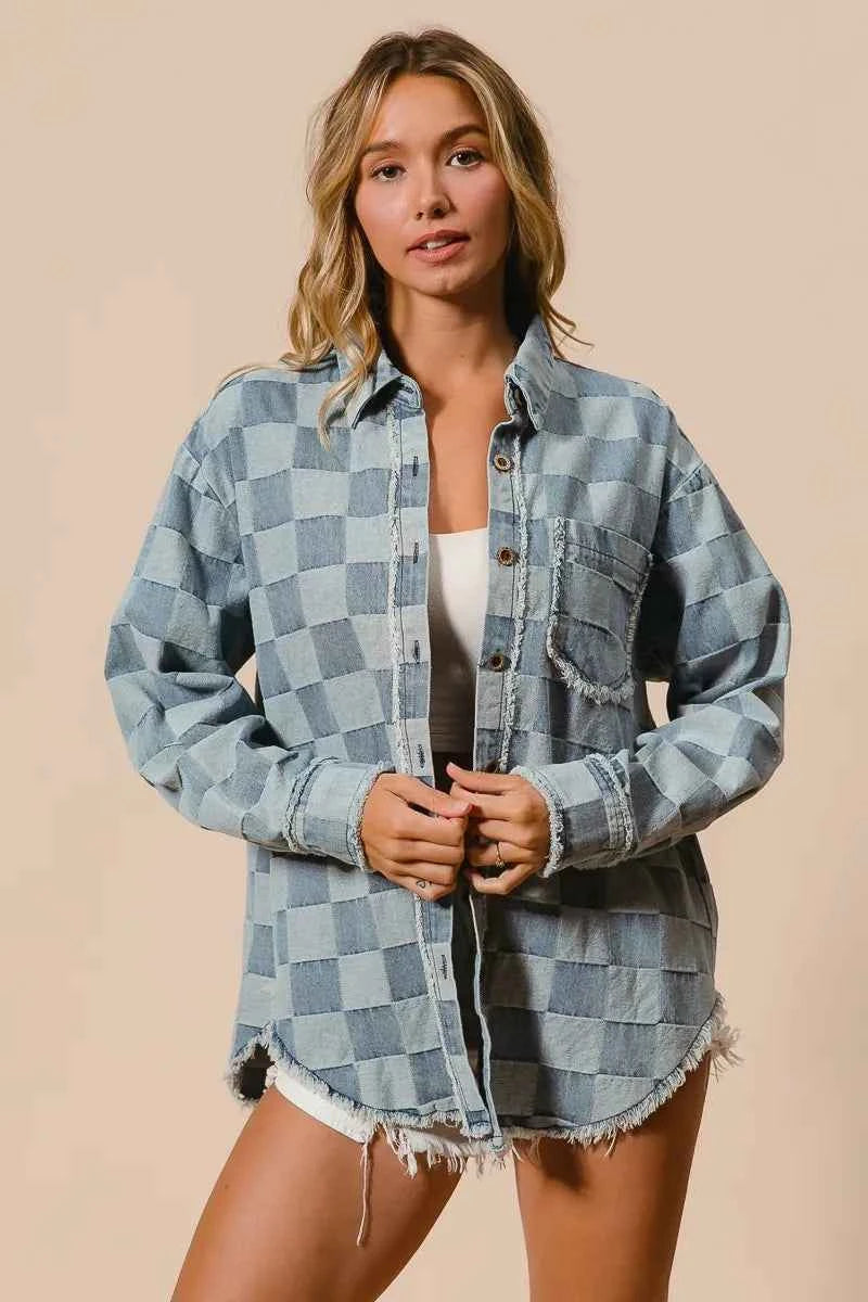BiBi Frayed Edged Detail Washed Checker Denim Shirt f655d4f2ff6d40599bcc10d8c76d5108-Max-Origin