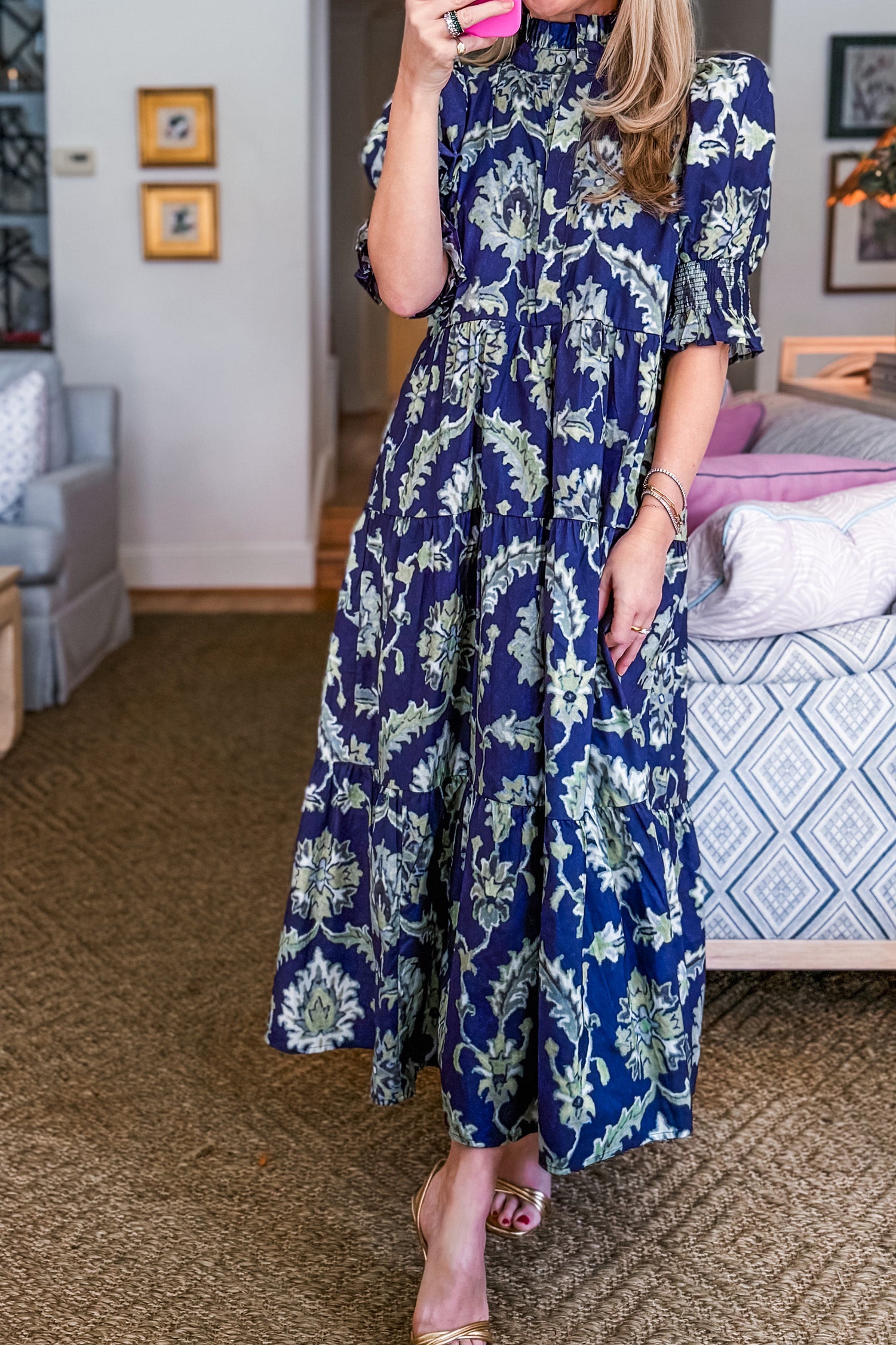 Blue Wild Floral Print Frilled Collar Half Sleeve Long Dress f6586f4ac0232a7d