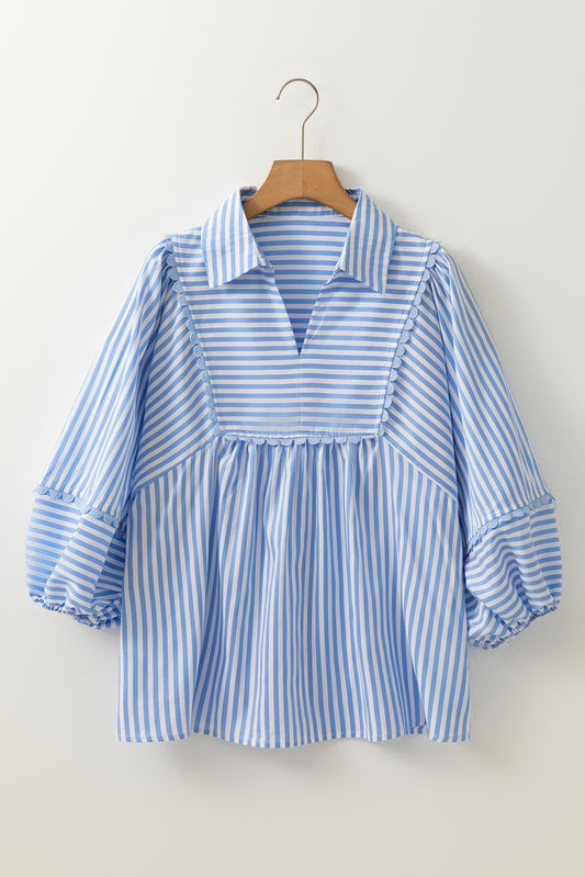 Sky Blue Striped Ric Rac Trim Collared V Neck Blouse f65ac59f43f34499