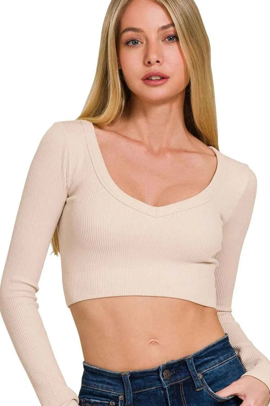 Seamless Fitted Rib V-neck Long Sleeve Crop Top f65f8e9d-c5ed-4386-b9a9-a463ae574954-Max-Origin