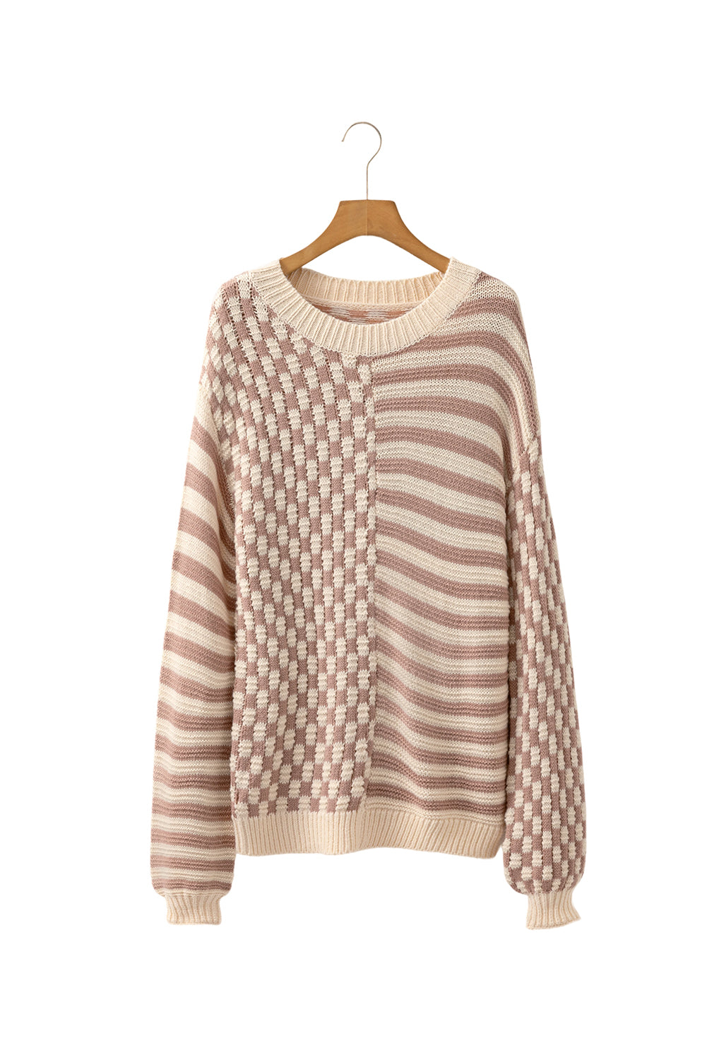 Khaki Stripe Checkerboard Drop Shoulder Balloon Sleeve Sweater f662c28319107ce4