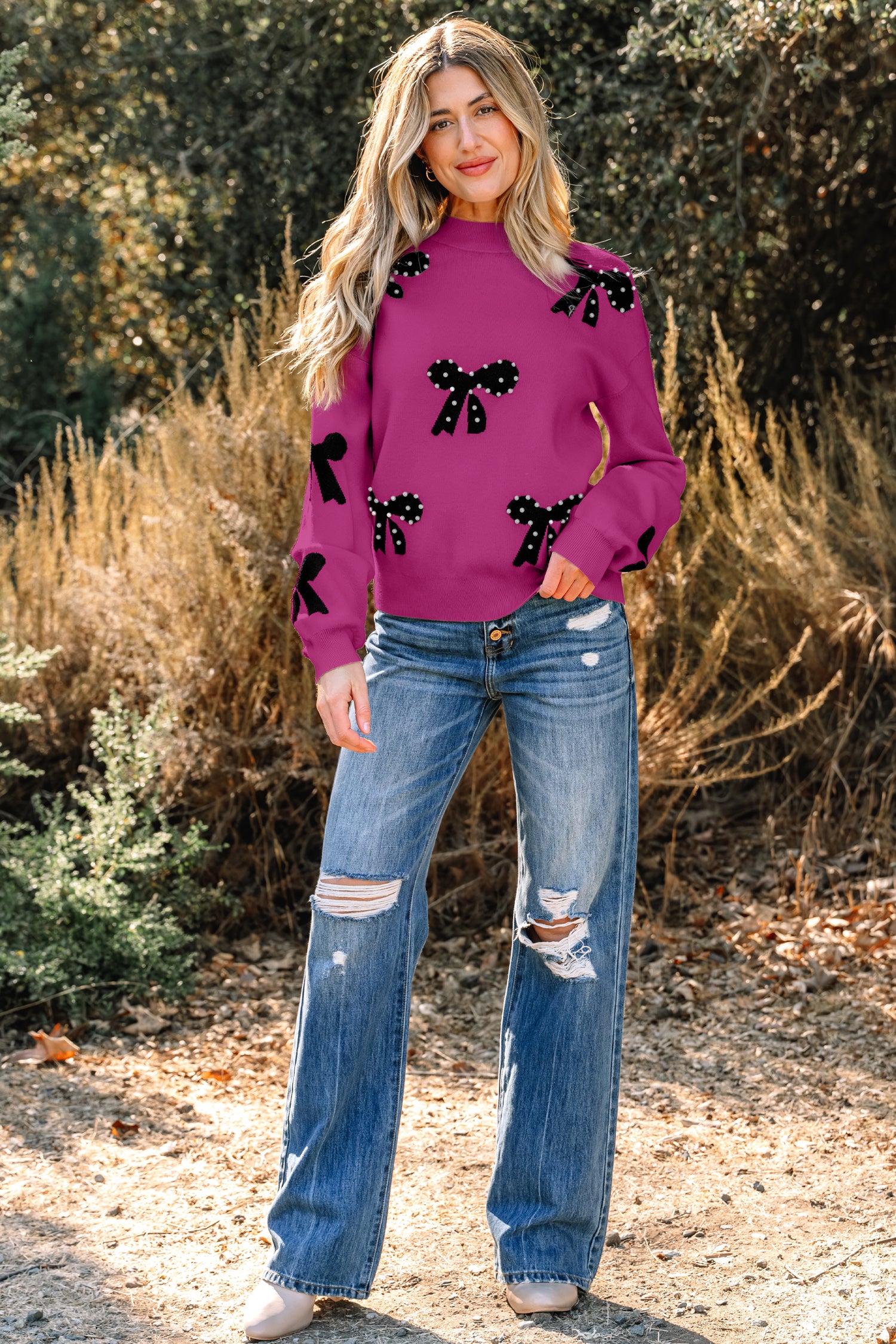 Bright Pink Pearl Embellished Bow Pattern Loose Sweater f667169c316d5efd