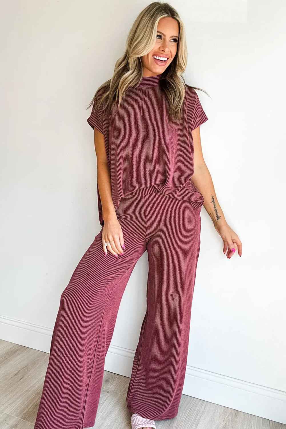 Burgundy Twisted Ribbed High Neck Loose Tee Elastic High Waist Loose Pant Set f6676d53d8858ef3