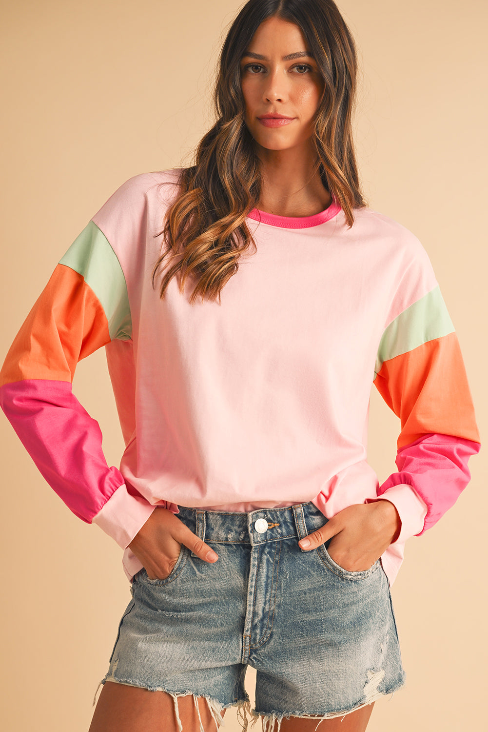 Green Color Block Sleeve Loose Fit Top f66aef40f43b0718