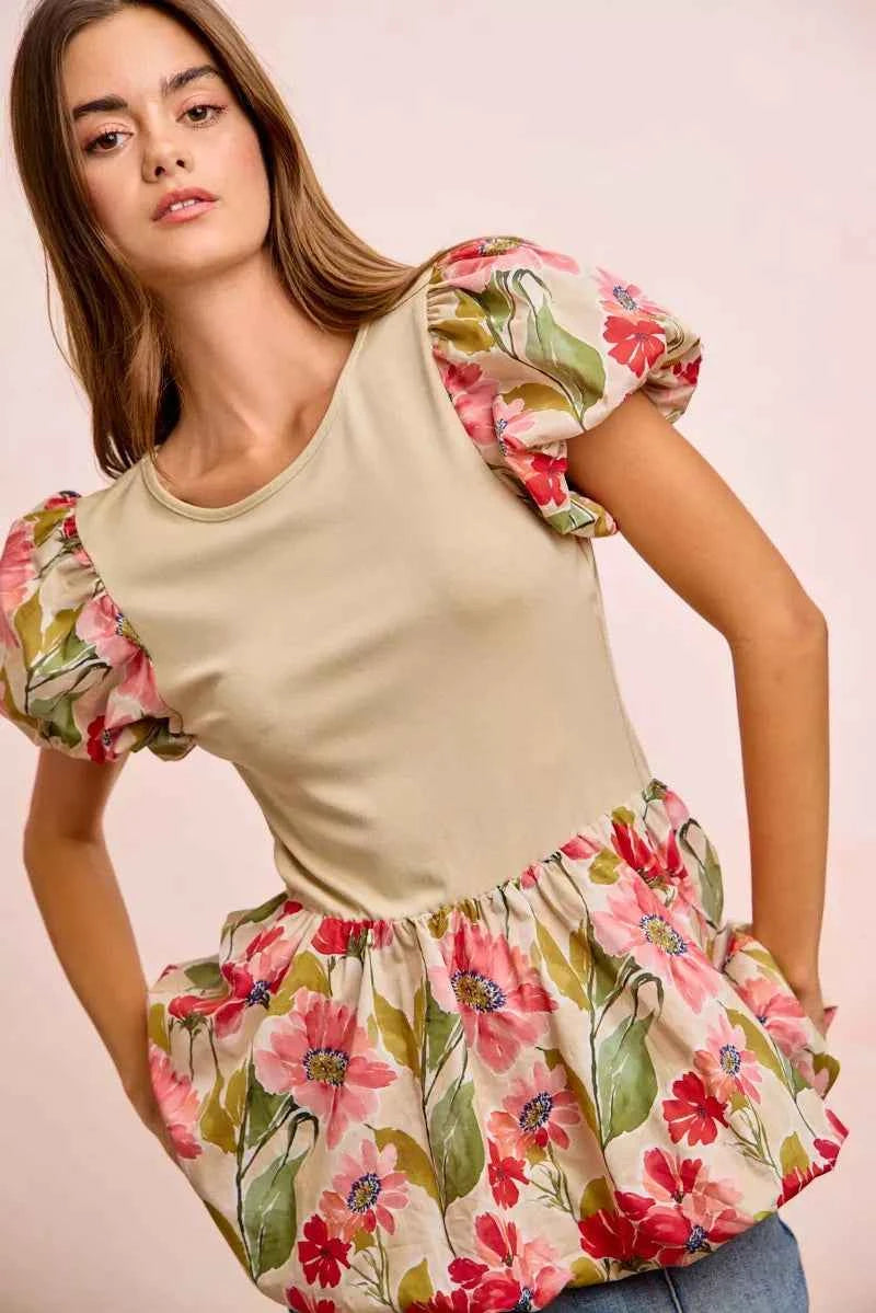 BiBi Floral Printed Bubble Sleeves and Hem Peplum Top f66e9cf76ba349e78fa26fde60ffefa1-Max-Origin