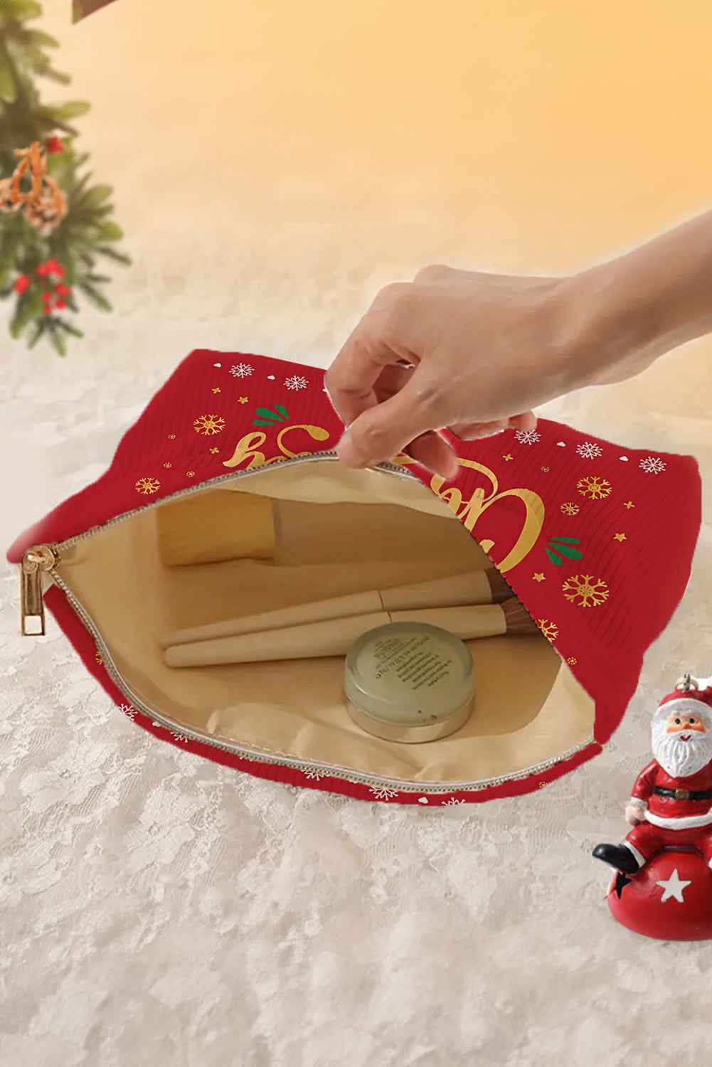 Pink Christmas Santa Claus Corduroy Zip Up Cosmetic Bag f675670ec5ef6286