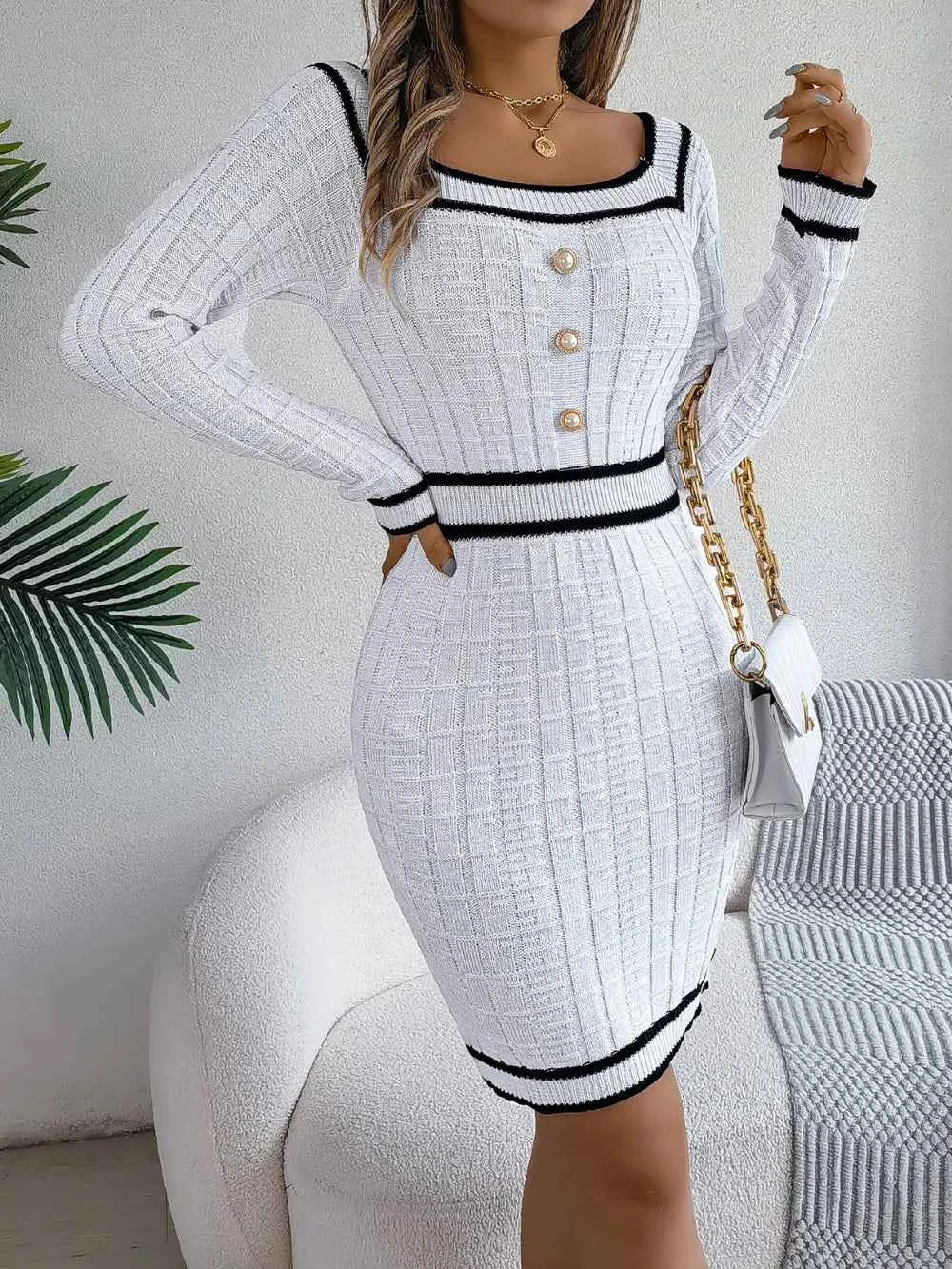 Contrast Trim Long Sleeve Sweater Dress f675678e-7193-493a-b394-cc584706c0e4-Max