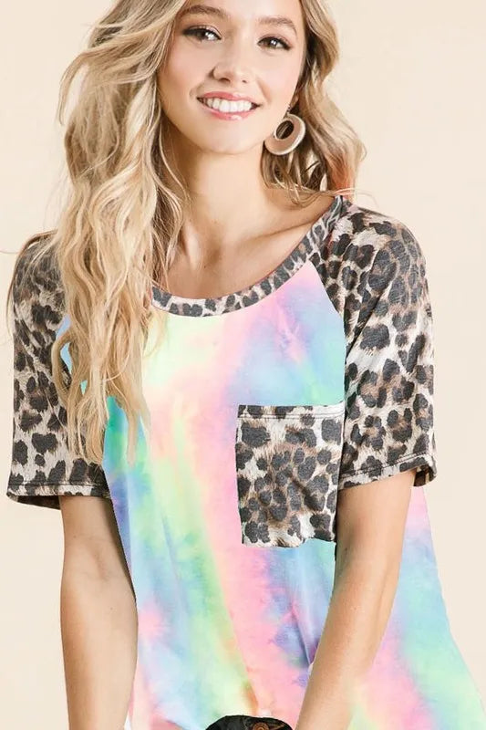 Tie Dye Knit Top with Leopard Raglan Sleeves PASTEL TIEDYE f67766d744b74d14b52ae9b1bd807217-Max-Origin
