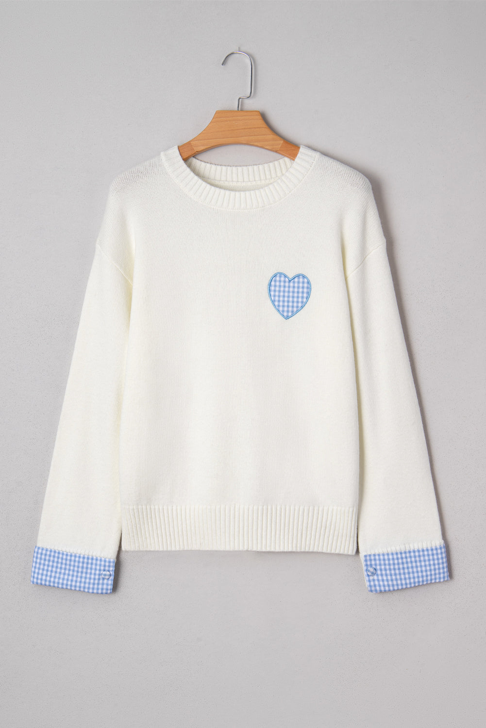 White Plaid Heart Embroidered Cuffed Drop Shoulder Crew Neck Sweater f67bfe4e20d537ce