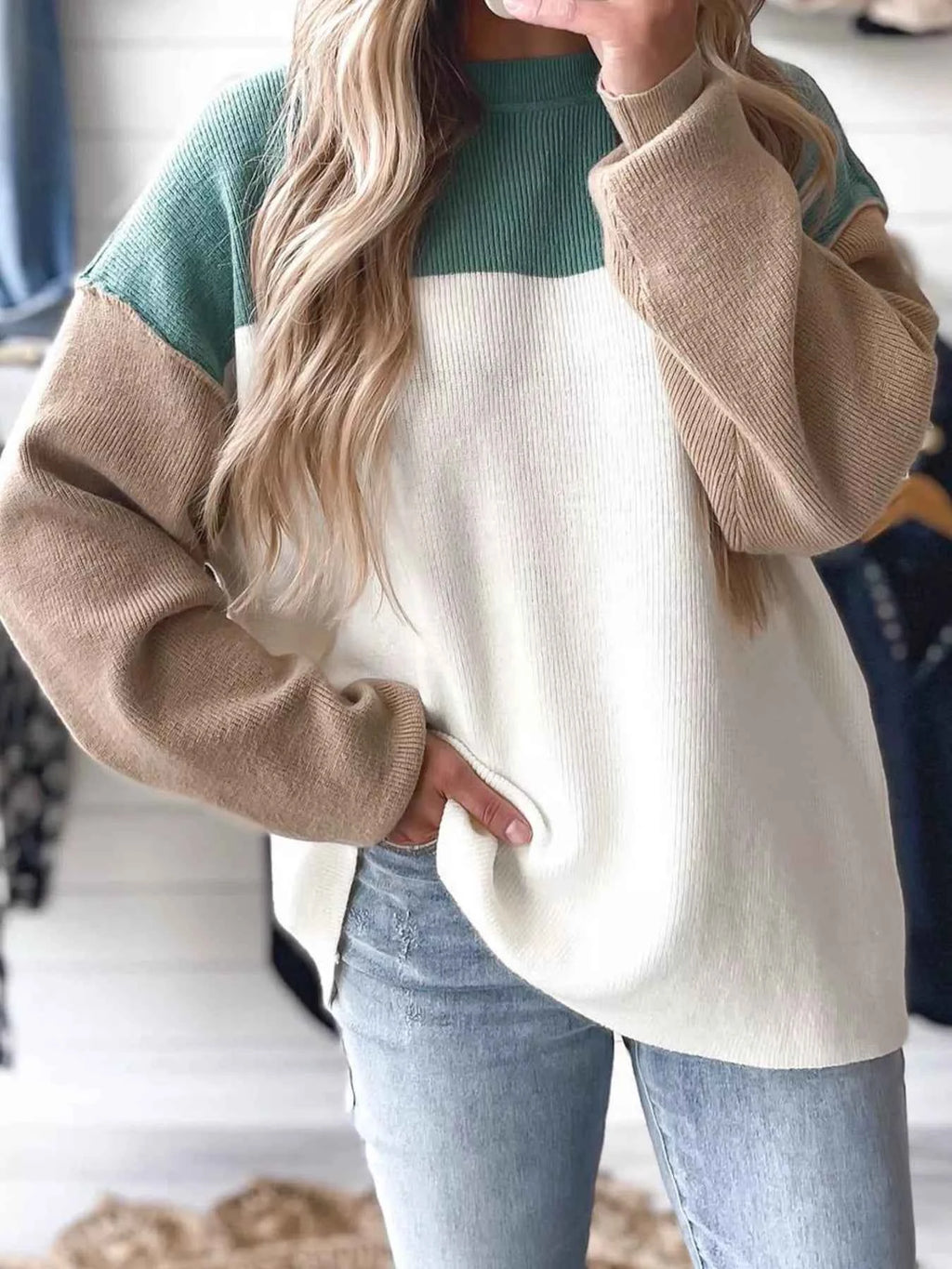 Color Block Plain Ribbed Knit Sweatshirt Dark Green f67ce150632c496ba30ecbbc7ed395a4-Max-Origin