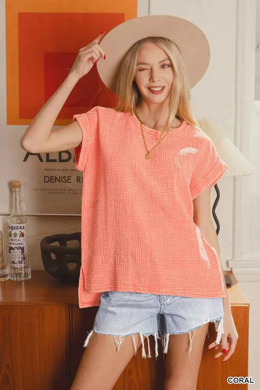 Woven Double Gauze Acid Washed Short Sleeve Top CORAL f680633eac574b01b34ec991b1e48786-Max-Origin