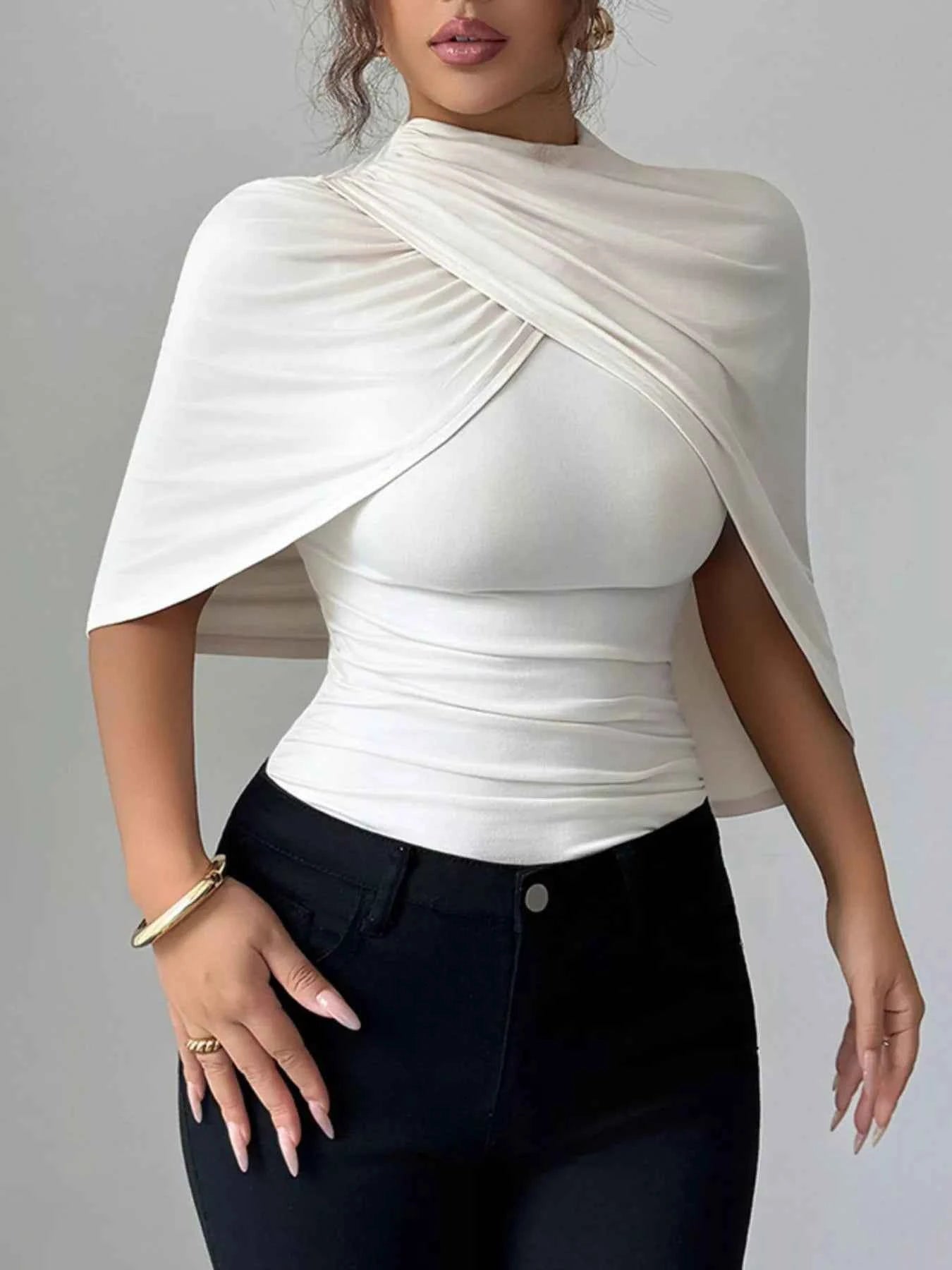 Ruched Mock Neck Shawl Half Sleeve Top f682b740-8427-4a18-97ba-780f3d9e3c3b-Max-Origin