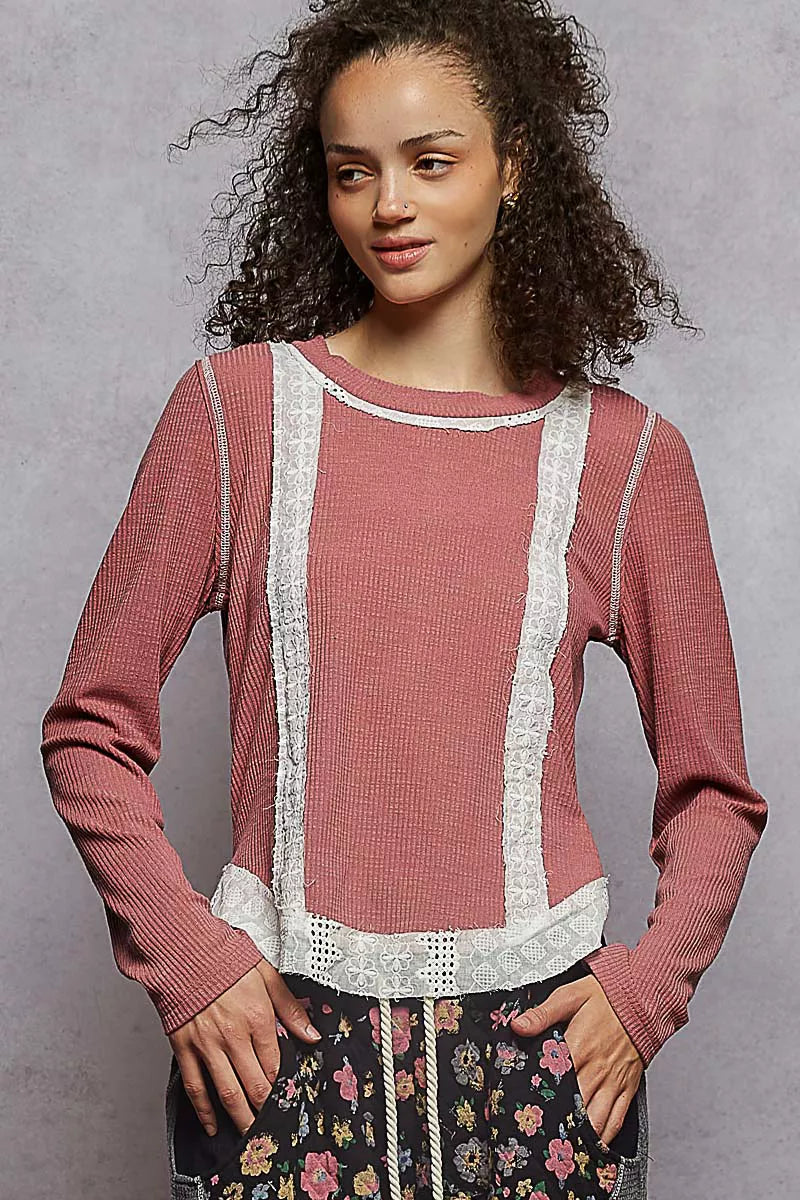 Contrast Round Neck Long Sleeve Ribbed Top with Eyelet Patch MAUVE PINK f688d26e-8c13-4438-9a9e-b7cd52190af8-Max-Origin