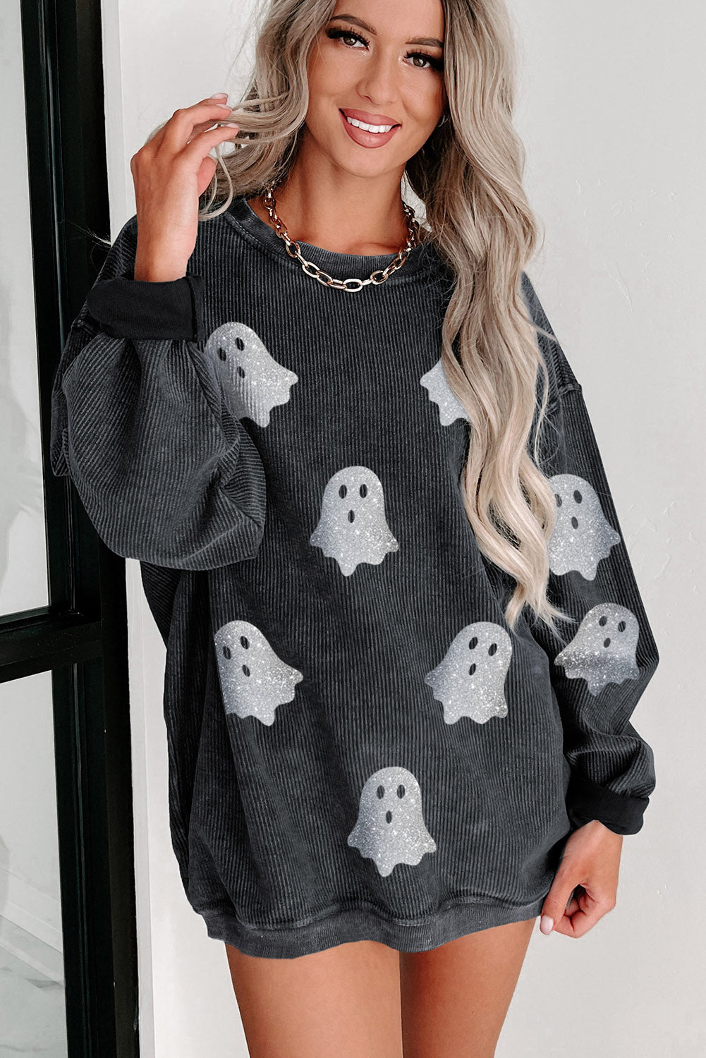 Black Halloween Ghost Corded Crew Neck Loose Sweatshirt f689c0ac87c61f30