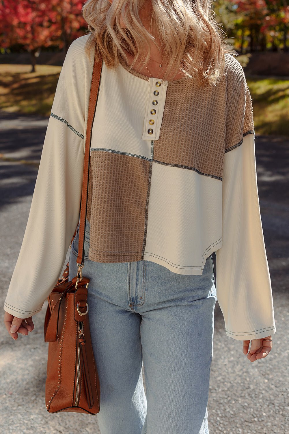 Beige Waffle Patchwork Stitch Detail Long Sleeve Henley Top f68b4eeafd991af4