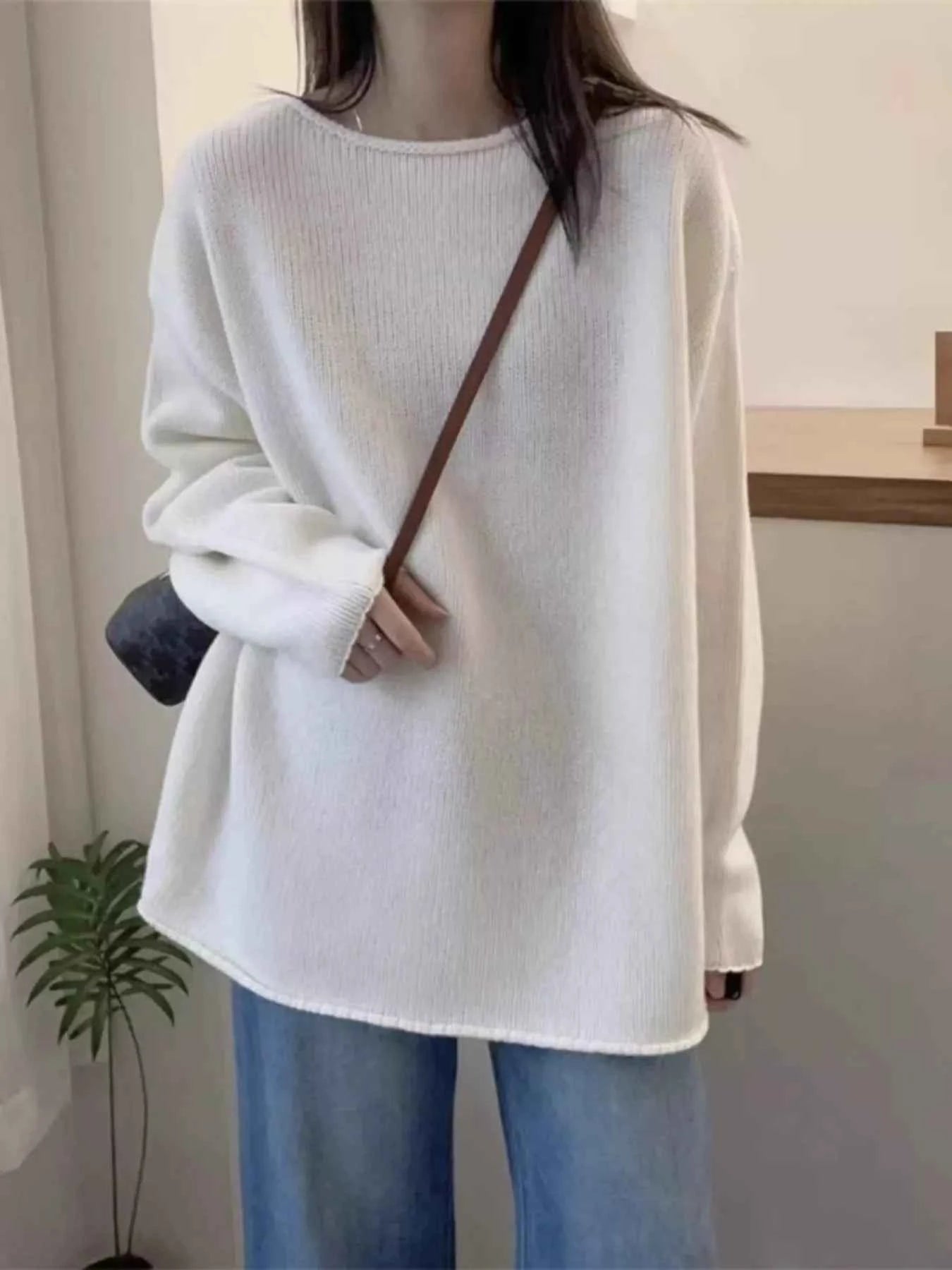 Round Neck Dropped Shoulder Sweater White One Size f68da3bd586f4464be5ca92de0c45595-Max-Origin