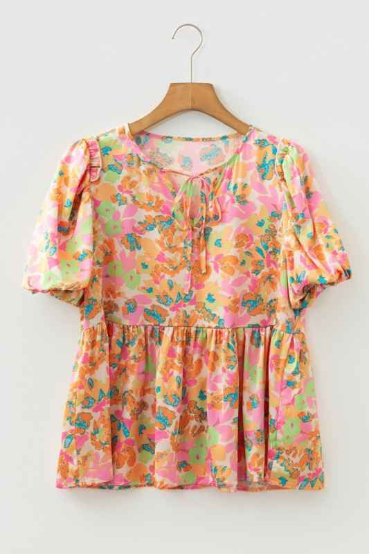 Flower Split V-Neck Short Sleeve Blouse f6a09712-64a2-4f10-ae7a-41906450214a