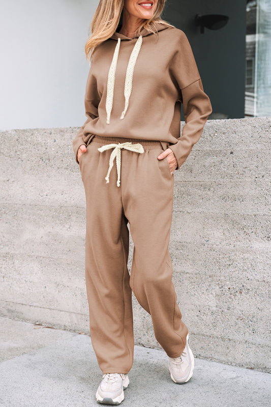 Casual Lace Drawstring Pullover Hoodie and High Waist Pants Corduroy Suit f6a104f4c9a079db