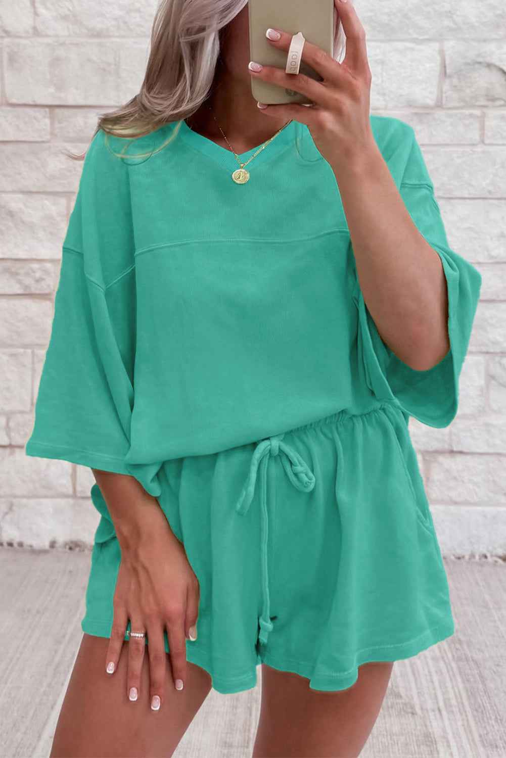 Bonbon Loose V Neck Tee and Drawstring Shorts Set Sea Green f6a2aa5730f33d6e