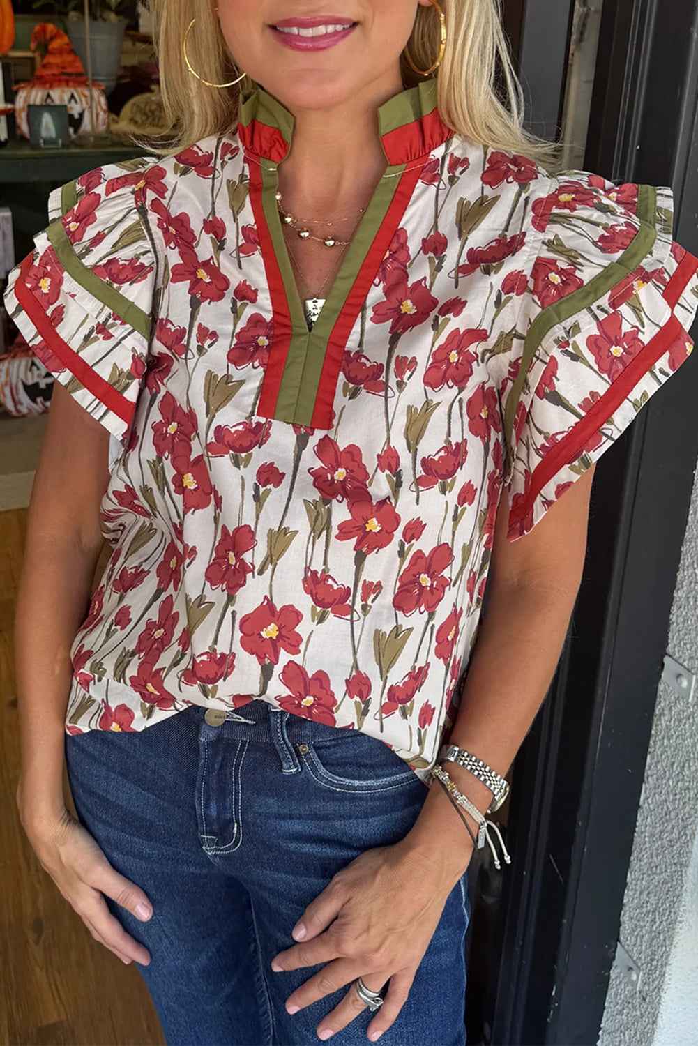 Pink Floral Print Contrast Trim V Neck Double Ruffled Short Sleeve Blouse Red 100%Cotton f6a8b09fa2976275