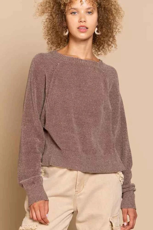 Round Neck Backless Sweater with Ribbed Edge Chocolate f6b49cd5-9a3f-4496-9113-e25b5c373297-Max-Origin