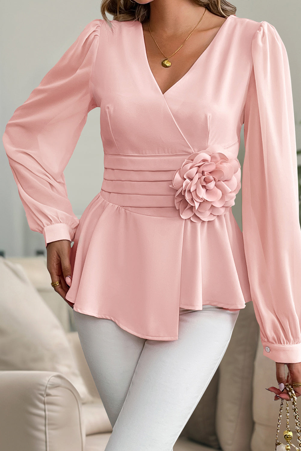 Gossamer Pink 3D Flower Lantern Sleeve Elegant Blouse f6b6d91bd9bd275b