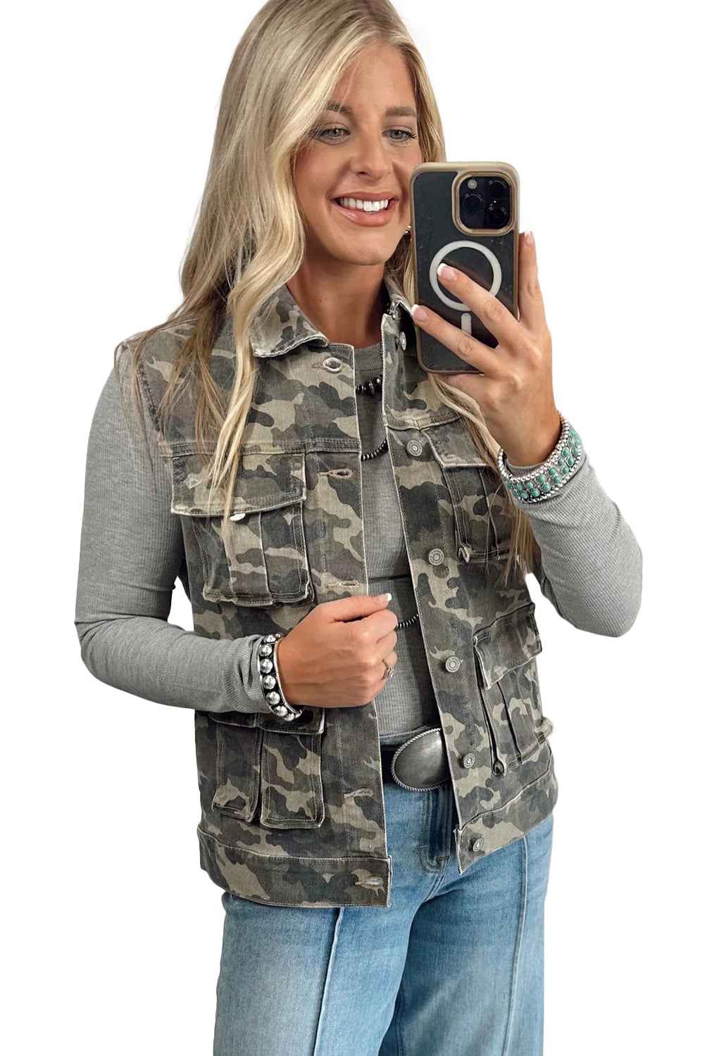 Green Camouflage Print Button Cargo Pocket Button Down Denim Vest f6b9073784606cc8