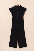 Black Textured Ruffle Sleeve Zipped Top and Wide Leg Pants Set