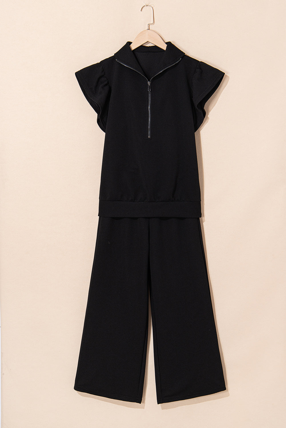 Black Textured Ruffle Sleeve Zipped Top and Wide Leg Pants Set