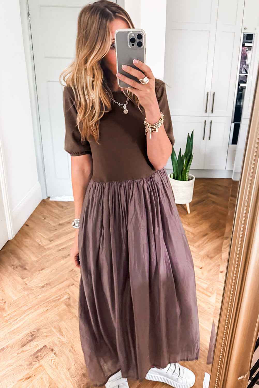 Black Short Sleeve Knit Top Patchwork Pleated Long Dress f6bad74da1749e44