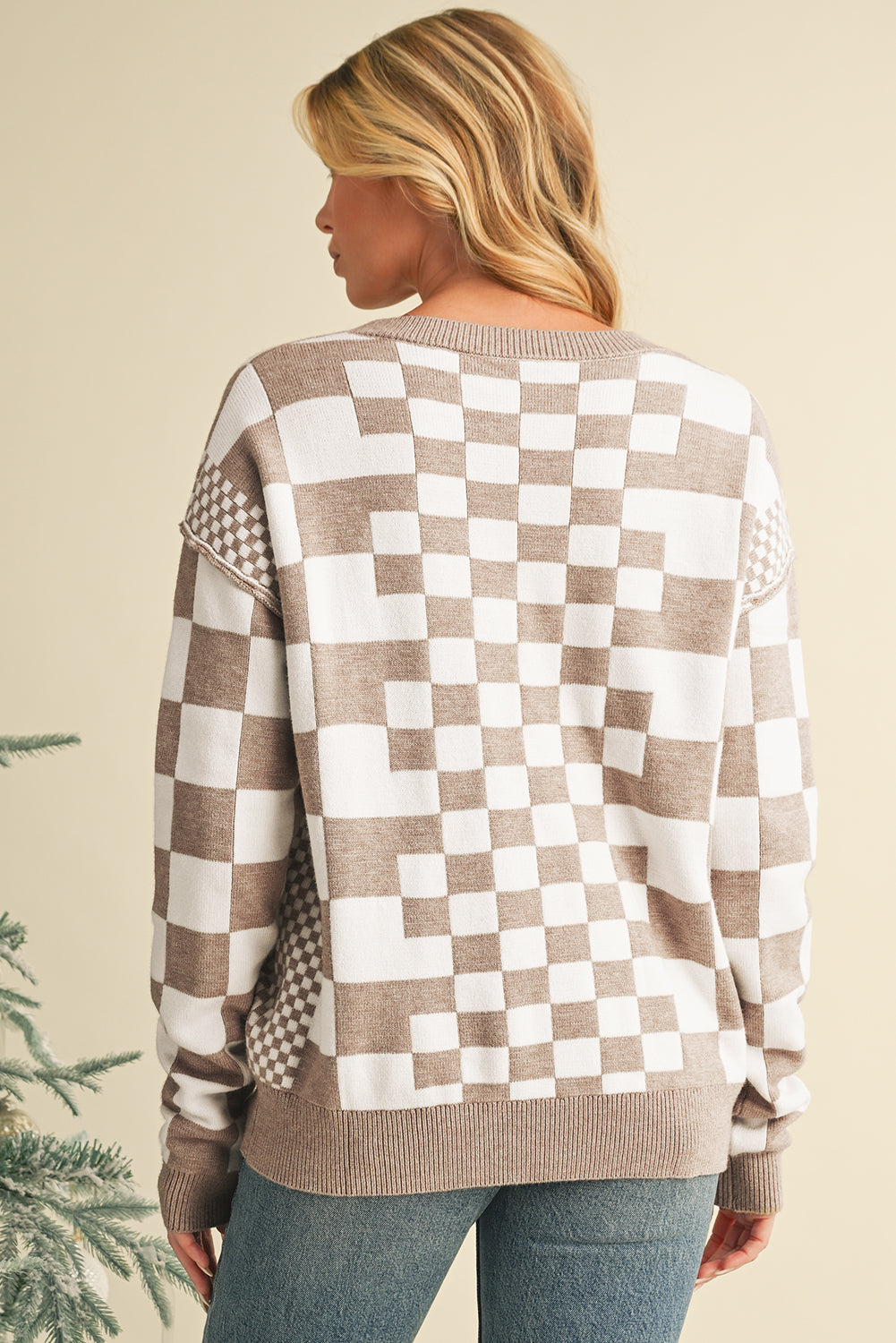Black Checkered Drop Shoulder Round Neck Sweater f6c1d0aee533b4ba