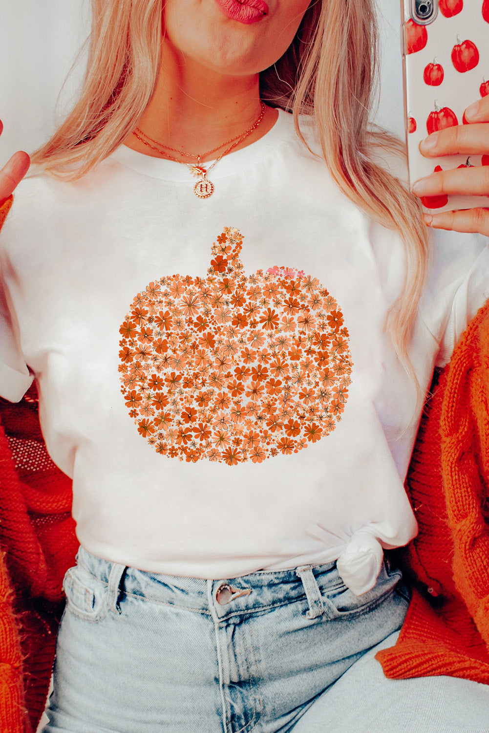 White Floral Pumpkin Custom Heat Transfer Printing Graphic Tee White 62%Polyester+32%Cotton+6%Elastane f6c2974242bdc9a7