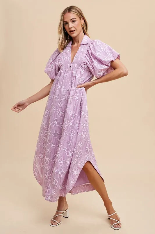 Annie Wear Floral Smock Detail Puff Sleeve Dress Pink Purple f6c7e15a-9559-4e52-a271-5b213281fef1-Max
