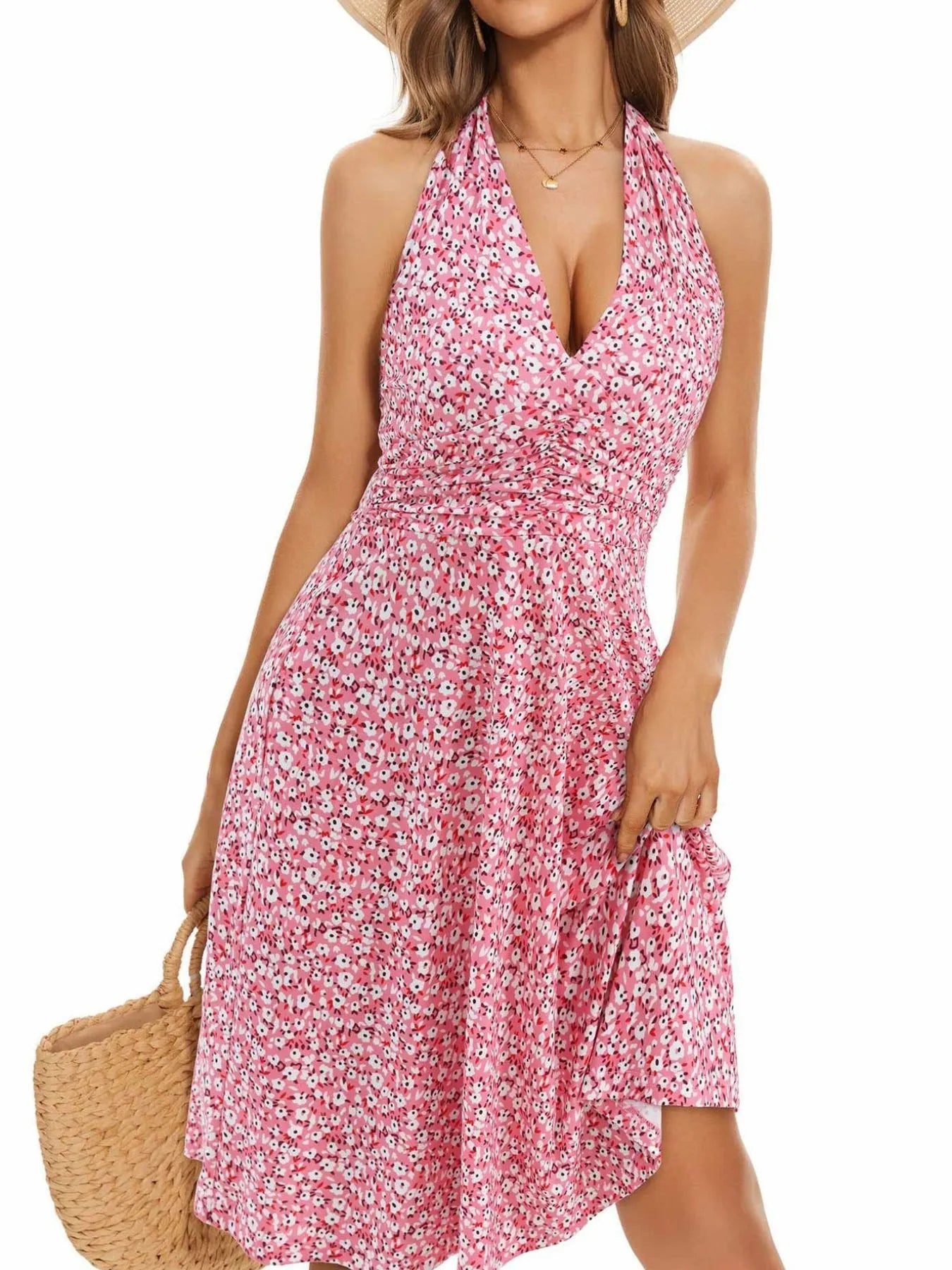 Printed Halter Neck Dress Pink f6cea4cb-e6d7-4334-b676-758441b18007-Max-Origin