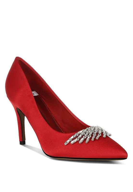 Rhodolia Diamante Brooch Detail Satin Pumps Red f6cfa430-d787-49f6-8213-a834eef7404b