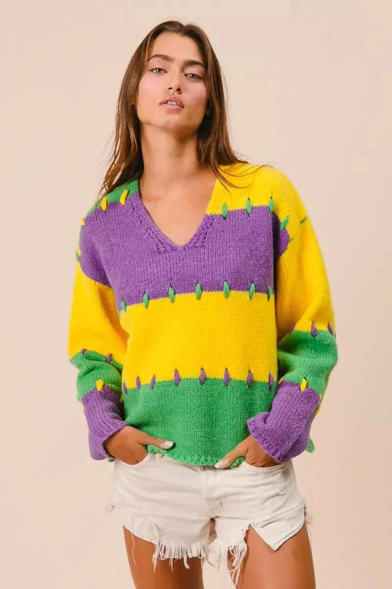 BiBi Stitch Detail Mardi Gras Stripes Sweater f6da1b24f2c145a7aef444861ac6d9d4-Max-Origin