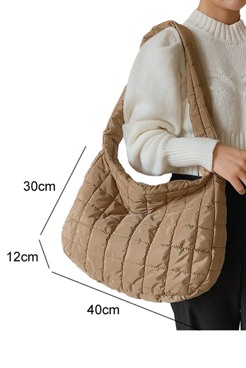 Light French Beige Quilted Zipper Large Shoulder Bag f6dac7bf1477e49e