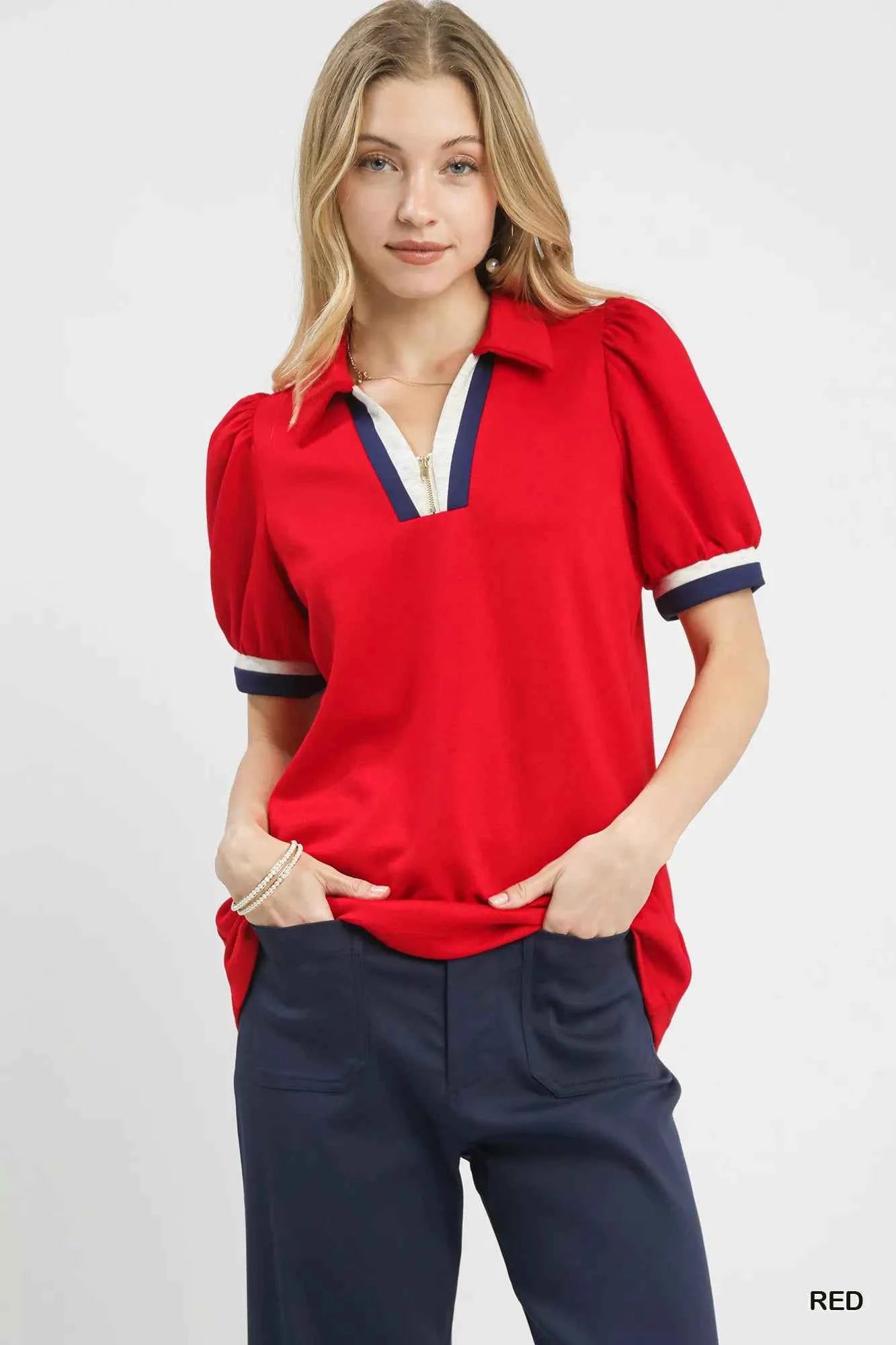 Umgee Puff Sleeve Zip Front Top with Contrast Striped Trim RED f6dc7075-c952-4664-928f-95d982312b5d-Max-Origin
