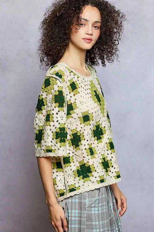 Round Neck Short Sleeve Color Pattern Crochet Top with Border Accents f6e053c8-8160-4b85-9341-d76397a2ff5f-Max-Origin