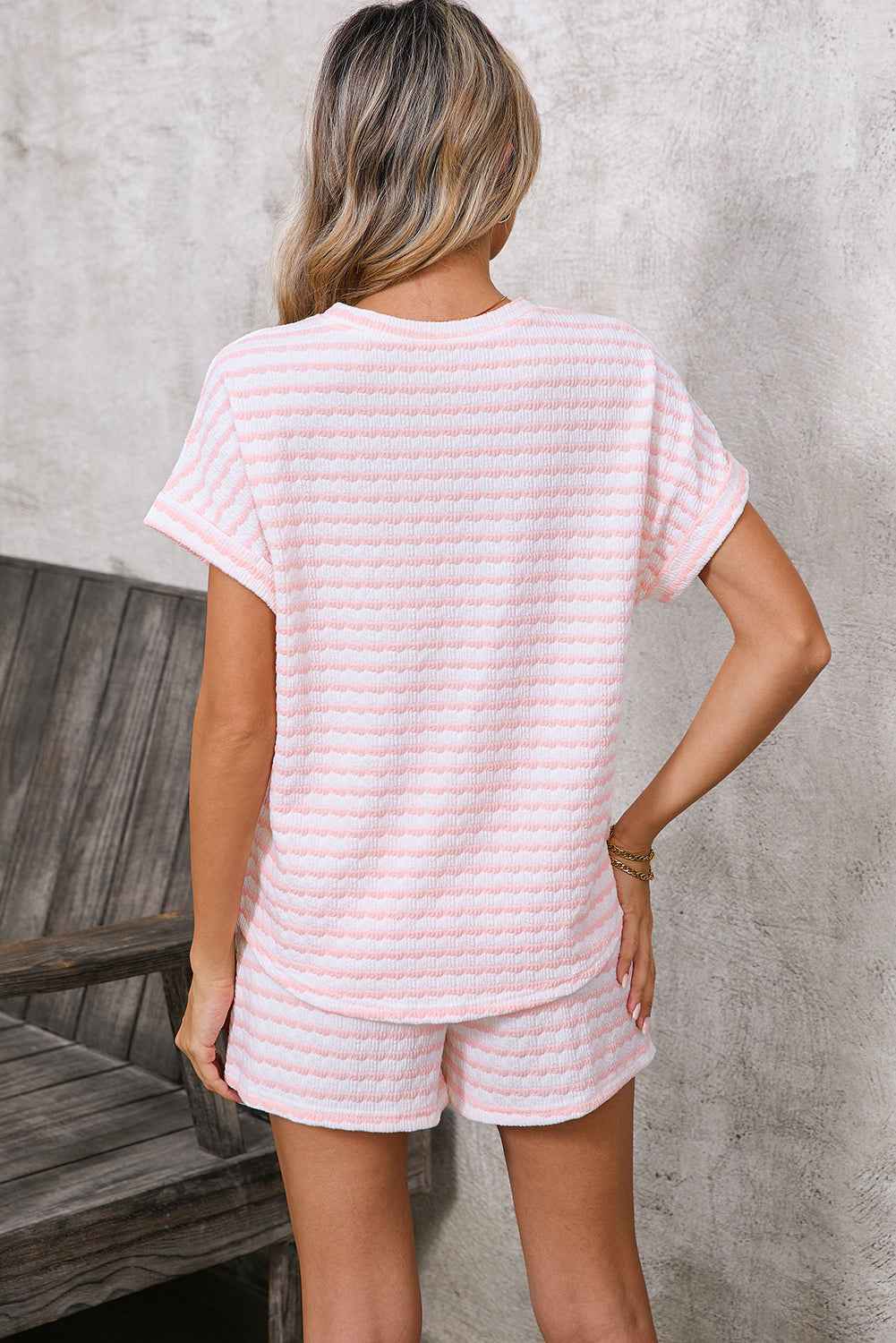 Sky Blue Striped Print Short Sleeve Top and Pocket Shorts Set f6e74263c4a54ee5