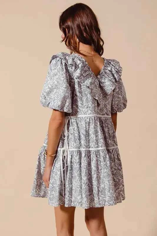 SO ME Cotton Printed Ruffle V Neckline Dress with Side Tie f6ede5a35ac645b984a10c2a891468e3-Max-Origin